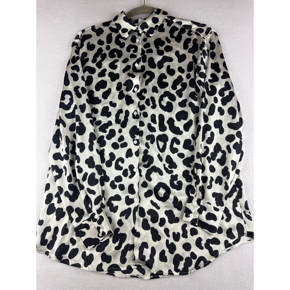 Zara Womens XS Leopard Print Satin Button Down Blouse White Black Long Sleeve